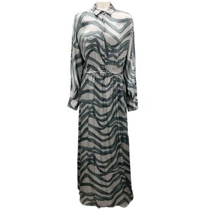 KITON GREY / GREEN / BLUE PRINTED LONG SLEEVED SILK MAXI DRESS